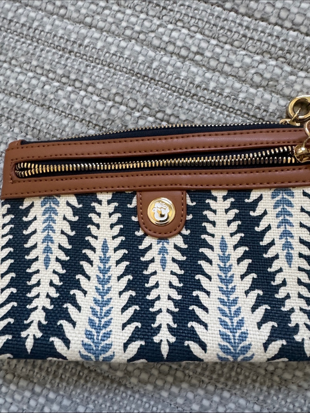 Spartina 449 Navy, White & Light Blue Woven Wristlet with Brown Trim